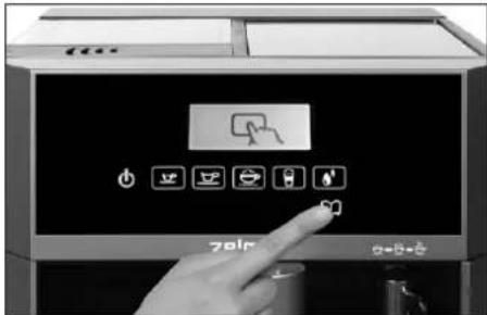 Close-up of a hand pressing a button on a digital device with icons for cleaning or security functions.