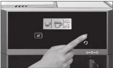 Hand pressing a button on a kitchen appliance with icons for cooking, dining, and cleaning functions
