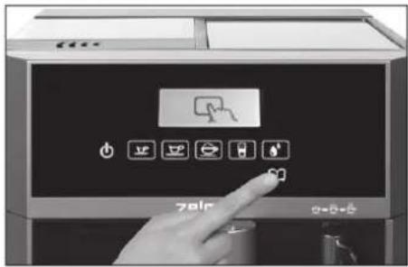 Digital kitchen control panel with icons and a hand pressing the button