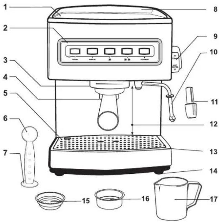 Labeled diagram of a coffee maker with numbered parts and accessories for cooking or inspection.