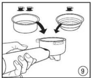 Diagram showing a hand holding a container being handled with two cups, illustrating the process of adding liquid into a bowl.