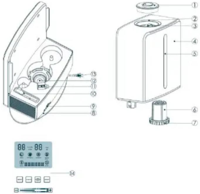 Technical diagram of a device with numbered parts and a digital display panel below, likely for labeling or assembly instructions.