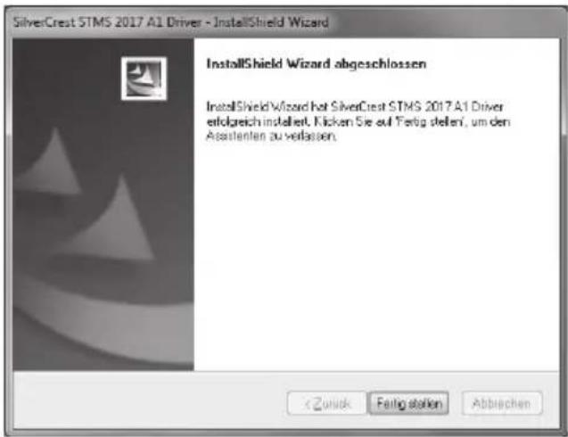 SilverCrest STMS 2017 A1 Driver - InstallShield Wizard InstallShield Wizard abgeschlossen InstallShield Wizard hat SilverCrest STMS 2017 A1 Driver erfolgreich installiert. Kicken Sie auf "Fertig stellen", um den Assistenten zu verlassen.