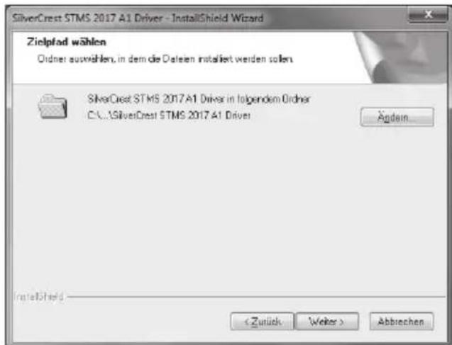 SilverCrest STMS 2017 A1 Driver - InstallShield Wizard Zielpfad wählen Order auswehlen, in dem die Dellein installiert werden sollen. SilverCrest STMS 2017 A1 Driver in folgendem Order C:\SilverCrest STMS 2017 A1 Driver InstallShield Abbrevien