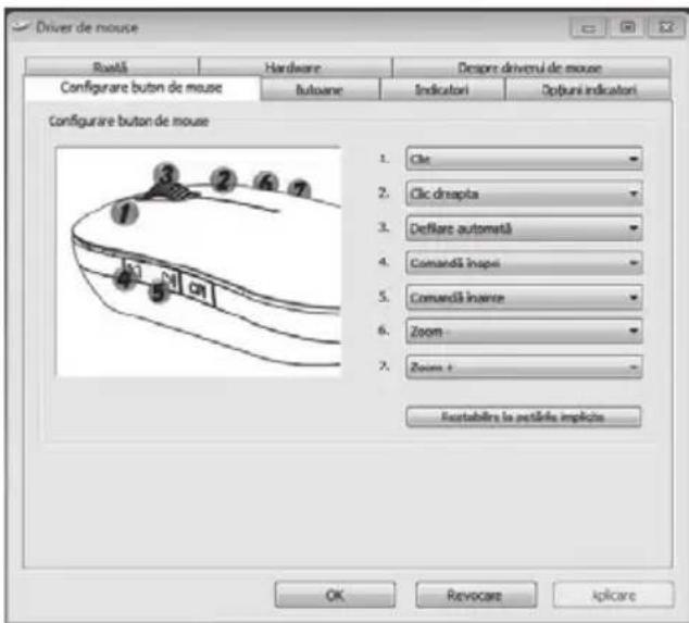 Driver de mouse Roută Hardware Despre driverul de mouse Configurare button de mouse Butoane Indicatori Opbuni indicatori Configurare button de mouse 1. Clic 2. Clic drinapita 3. Deflare automată 4. Comandă Inapie 5. Comandă Inavre 6. Zoom 7. Zoom + Reputabilire la partile implicite OK Revocare Iplicare