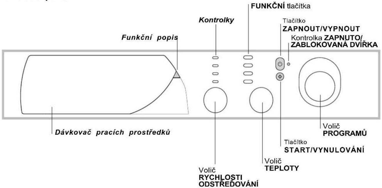 Funkční popis Dávkovač pracích prostředků Kontrolky Volič RYCHLOSTI ODSTŘEDOVÁNÍ FUNKČNÍ tlačítka Tlačítko ZAPNOUT/VYPNOUT Kontrolka ZAPNUTO/ZABLOKOVANÁ DVÍRKA Volíč TEPLOTY Tlačítko START/VYNULOVÁNÍ Volíč PROGRAMŮ