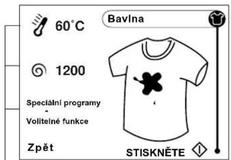 60°C 1200 Specialní programy Volitelné funkce Zpět Stiskněte Bavlna