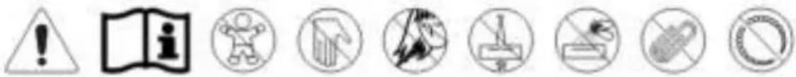 Warning symbols and icons including warning, open book, person, document, crossed-out, no litter, and prohibition signs