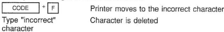 CODE + F Type "incorrect" character Printer moves to the incorrect character Character is deleted