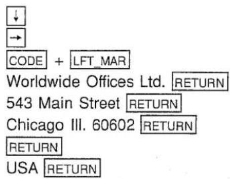 ↓ → CODE + LFT_MAR Worldwide Offices Ltd. RETURN 543 Main Street RETURN Chicago III. 60602 RETURN RETURN USA RETURN