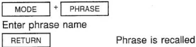 MODE + PHRASE Enter phrase name RETURN Phrase is recalled