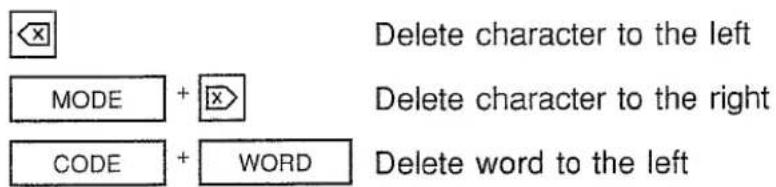Delete character to the left MODE + CODE + WORD Delete character to the right Delete word to the left