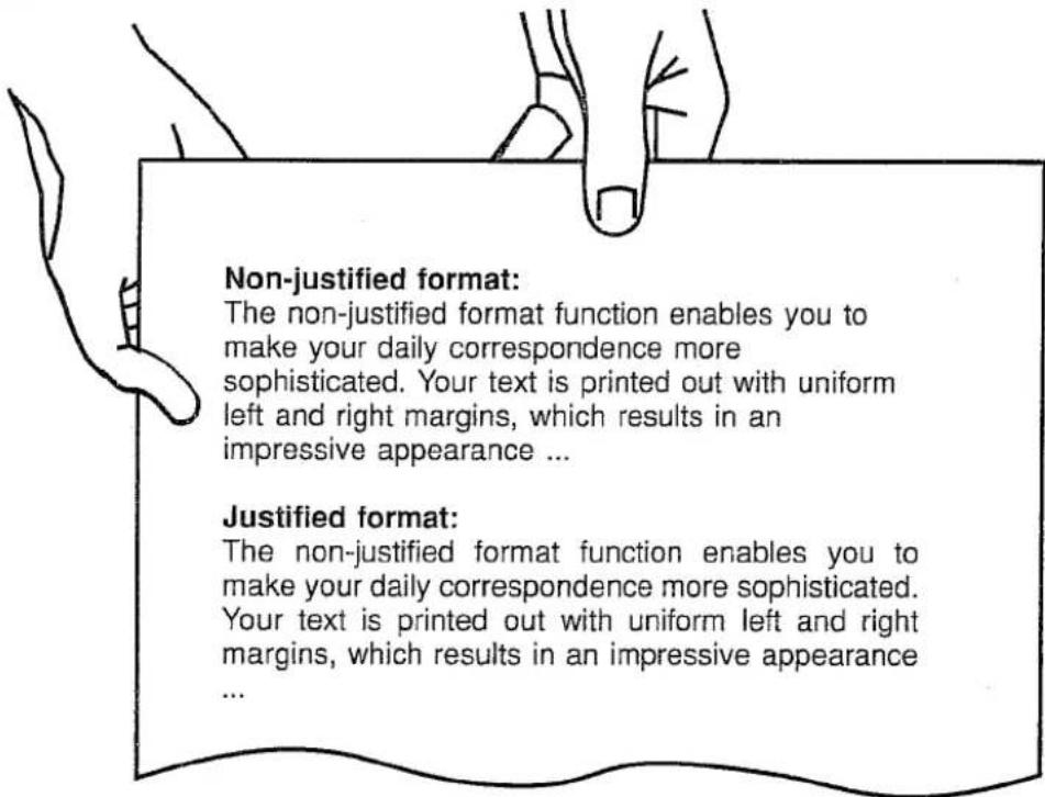 Non-justified format: The non-justified format function enables you to make your daily correspondence more sophisticated. Your text is printed out with uniform left and right margins, which results in an impressive appearance ... Justified format: The non-justified format function enables you to make your daily correspondence more sophisticated. Your text is printed out with uniform left and right margins, which results in an impressive appearance ...