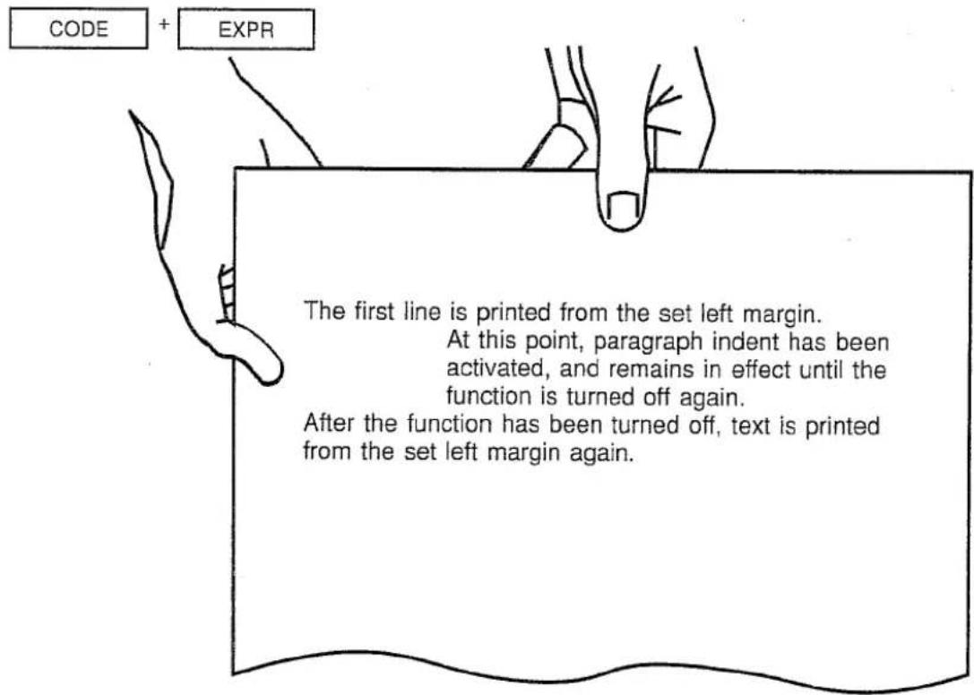 CODE + EXPR The first line is printed from the set left margin. At this point, paragraph indent has been activated, and remains in effect until the function is turned off again. After the function has been turned off, text is printed from the set left margin again.
