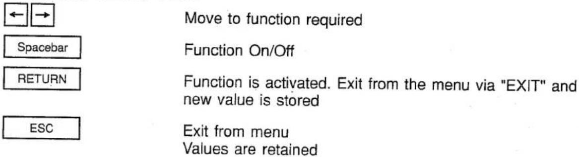 Move to function required Spacebar Function On/Off RETURN Function is activated. Exit from the menu via "EXIT" and new value is stored ESC Exit from menu Values are retained