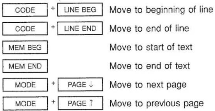 CODE + LINE BEG CODE + LINE END MEM BEG MEM END MODE + PAGE ↓ MODE + PAGE ↑ Move to beginning of line Move to end of line Move to start of text Move to end of text Move to next page Move to previous page