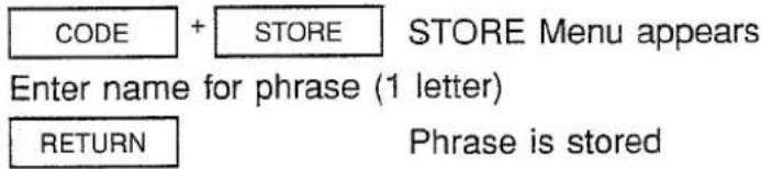 CODE + STORE STORE Menu appears Enter name for phrase (1 letter) RETURN Phrase is stored