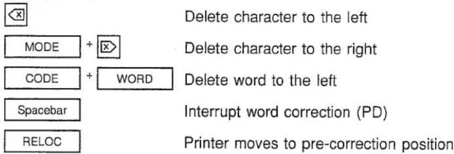 Delete character to the left MODE + [x] Delete character to the right CODE + WORD Delete word to the left Spacebar Interrupt word correction (PD) RELOC Printer moves to pre-correction position