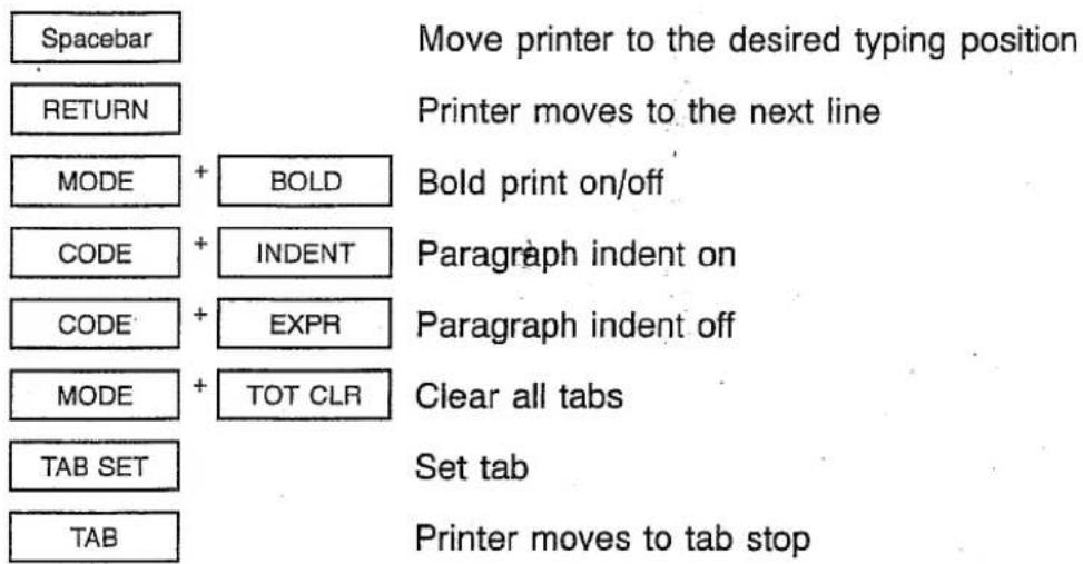 Spacebar RETURN MODE + BOLD CODE + INDENT CODE + EXPR MODE + TOT CLR TAB SET TAB Move printer to the desired typing position Printer moves to the next line Bold print on/off Paragraph indent on Paragraph indent off Clear all tabs Set tab Printer moves to tab stop