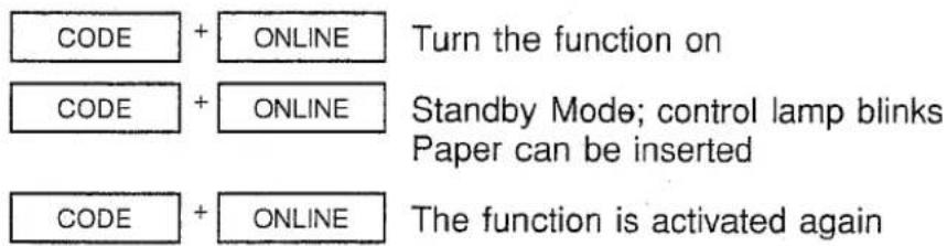 CODE + ONLINE CODE + ONLINE CODE + ONLINE Turn the function on Standby Mode; control lamp blinks Paper can be inserted The function is activated again