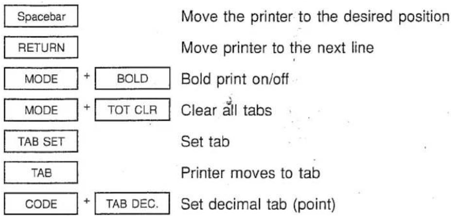 Spacebar RETURN MODE + BOLD MODE + TOT CLR TAB SET TAB CODE + TAB DEC. Move the printer to the desired position Move printer to the next line Bold print on/off Clear all tabs Set tab Printer moves to tab Set decimal tab (point)