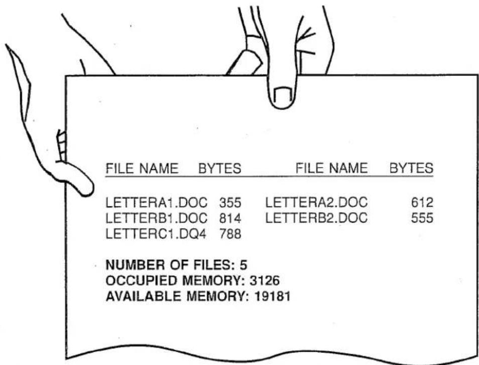 FILE NAME BYTES FILE NAME BYTES LETTERA1.DOC 355 LETTERA2.DOC 612 LETTERB1.DOC 814 LETTERB2.DOC 555 LETTERC1.DQ4 788 NUMBER OF FILES: 5 OCCUPIED MEMORY: 3126 AVAILABLE MEMORY: 19181