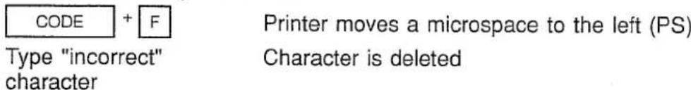 CODE + F Type "incorrect" character Printer moves a microspace to the left (PS) Character is deleted