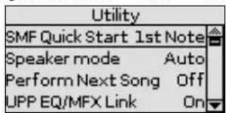 Utility SMF Quick Start 1st Note Speaker mode Auto Perform Next Song Off UPP EQ/MFX Link On