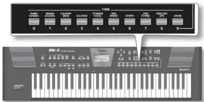 TONE PANO R PANO ORGAN ACCOED EUGUAR BASS A.GUITAR STRINOS VOCAL SAX BRADS SYNTH PRO ETHNIC PERCISE SPX DRUM 0 1 2 3 4 5 6 7 8 9 BK-3