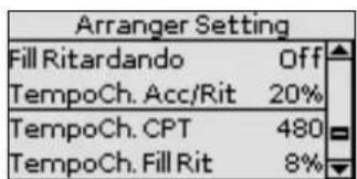 Arranger Setting Fill Ritardando Off TempoCh. Acc/Rit 20% TempoCh. CPT 480 TempoCh. Fill Rit 8%