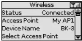 Wireless Status Connected Access Point My AP1 Device Name BK-3 Select Access Point