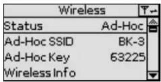 Wireless Status Ad-Hoc Ad-Hoc SSID BK-3 Ad-Hoc Key 63225 Wireless Info