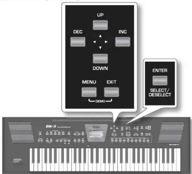UP DEC INC DOWN MENU EXIT DEMO ENTER SELECT/ DESELECT BK-3