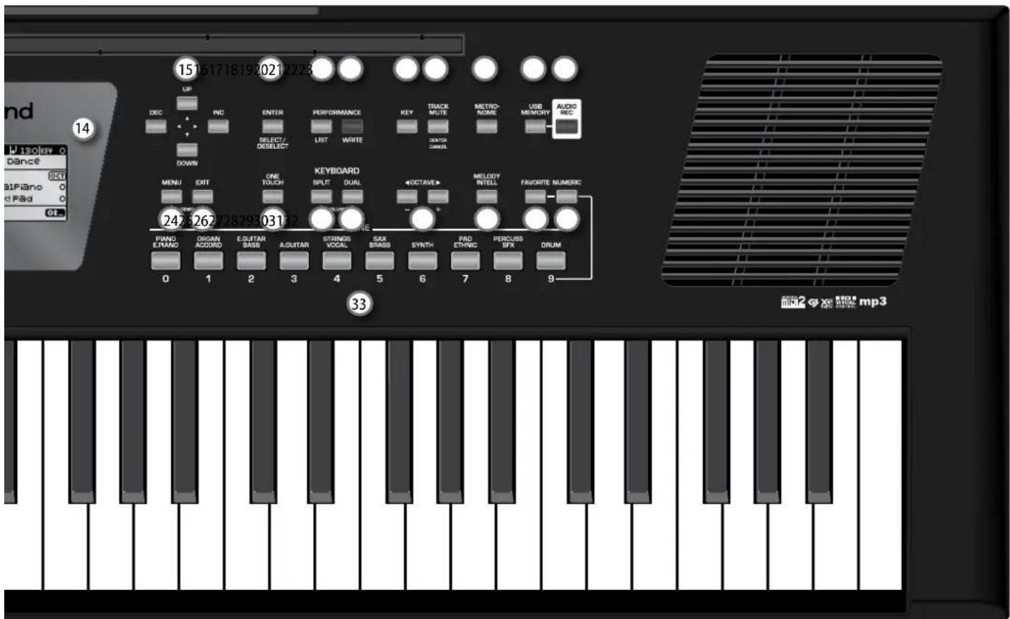 151617181920212223 UP DEC INC ENTER PERFORMANCE KEY TRACK MUTE METRO- NOME USB MEMORY AUDIO REC DOWN SELECT / DESELECT LIST WRITE DANTOR CANCEL MENU EXIT ONE TOUCH KEYBOARD SPLIT DUAL 4OCTAVE MELODY RITELL FAVORTE NUMERIC 242526277879303152 PIANO E.RANO ORGAN ACCORD E.GUITAR BASS A.GUITAR STRINGS VOCAL SAX BRASS SYNTH PAD ETHNIC PERCUSS SFX DRUM 0 1 2 3 4 5 6 7 8 9 33 mp3
