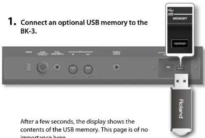 1. Connect an optional USB memory to the BK-3. After a few seconds, the display shows the contents of the USB memory. This page is of no importance here.
