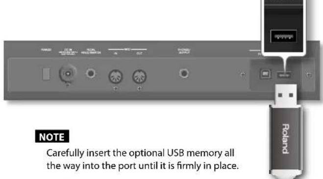 NOTE Carefully insert the optional USB memory all the way into the port until it is firmly in place. Roland
