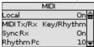MIDI Local On MIDI Tx/Rx Key/Rhythm Sync Rx On Rhythm Pc 10
