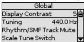 Global Display Contrast 5 Tuning 440.0 Hz Rhythm/SMF Track Mute Scale Tune Switch