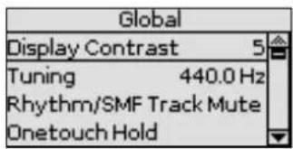 Global Display Contrast 5 Tuning 440.0 Hz Rhythm/SMF Track Mute Onetouch Hold
