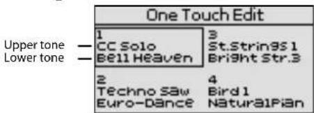Upper tone — CC Solo 3 St.Strings1 Lower tone — Bell Heaven Bright Str.3 2 4 Techno Saw Bird 1 Euro-Dance NaturalPian