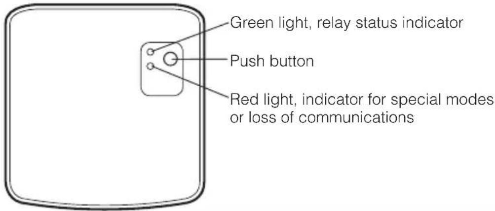Green light, relay status indicator Push button Red light, indicator for special modes or loss of communications