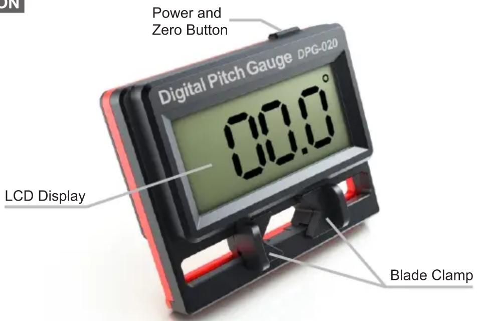 Power and Zero Button Digital Pitch Gauge DPG-020 LCD Display 00.0° Blade Clamp