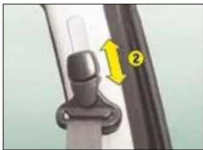 Close-up of a car seatbelt buckle with a yellow directional arrow and number 2 (no text or symbols on the belt itself)
