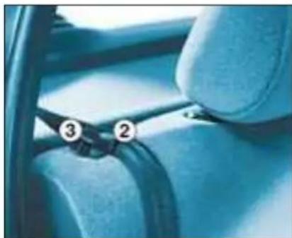 Close-up of a car's seatbelt and side panel, showing blue leather seats and black cable (no text or symbols visible)