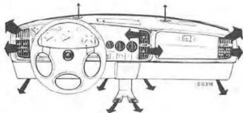 Line drawing of a car dashboard with control panels and directional arrows (no text or symbols)