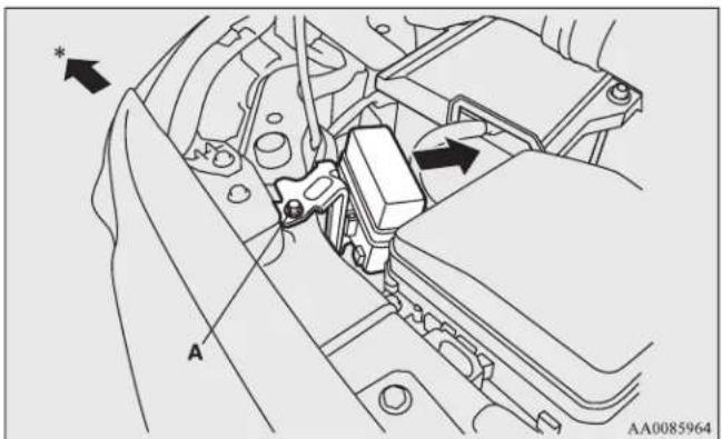 Technical diagram of a car engine compartment with labeled parts and directional arrows indicating assembly or movement.