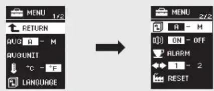 MENU 1/2 RETURN AUG A - M AUGUNIT °C - °F LANGUAGE → MENU 2/2 A - M ON - OFF ALARM 1 - 2 RESET