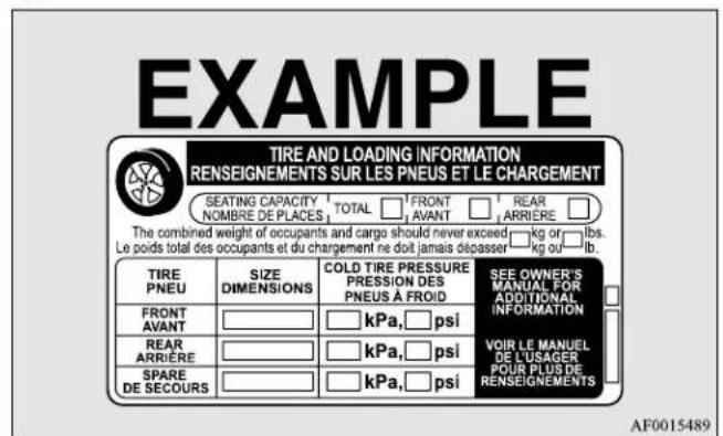 EXAMPLE TIRE AND LOADING INFORMATION RENSEIGNEMENTS SUR LES PNEUS ET LE CHARGEMENT SEATING CAPACITY TOTAL FRONT REAR NOMBRE DE PLACES AVANT ARRIERE The combined weight of occupants and cargo should never exceed kg or lbs. Le poids total des occupants et du chargement ne doit jamais dépasser kg ou lb. TIRE SIZE COLD TIRE PRESSURE SEE OWNER'S PNEU PRESSURE PRESSION DES PNEUS À FROID MANUAL FOR FRONT kPa, psi ADDITIONAL INFORMATION AVANT AVANT ARRIERE SPARE kPa, psi VOIR LE MANUEL DE SECOURS kPa, psi POUR PLUS DE RENSEIGNEMENTS AF0015489