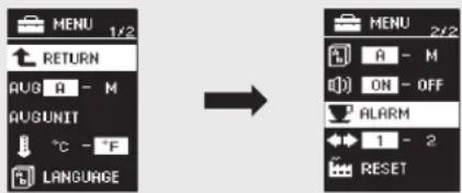 MENU 1/2 RETURN AUG - M AUSUNIT °C - °F LANGUAGE → MENU 2/2 A - M ON - OFF ALARM 1 - 2 RESET