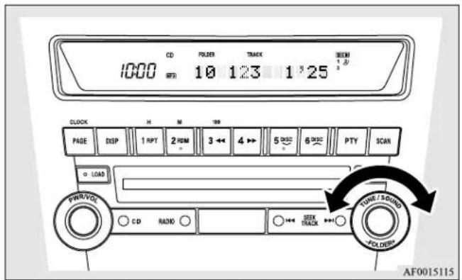 CD FOLDER TRACK 1000 10 123 1 25 BEEM 1 B CLOCK H M 99 PAGE DISP 1 RPT 2 HDM 3 ↔ 4 ↔ 5 DISC 6 DISC PTY SCAN LOAD PWR/VOI CD RAND SEEV TRACK TIME/SOUND POLDER AF0015115